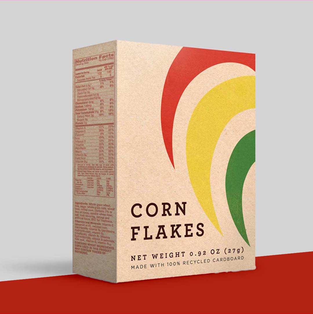 Standard cereal packaging with carton and inner bag system.